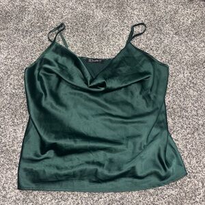 Simple Satin Cowl Neck Camisole - Dark Green